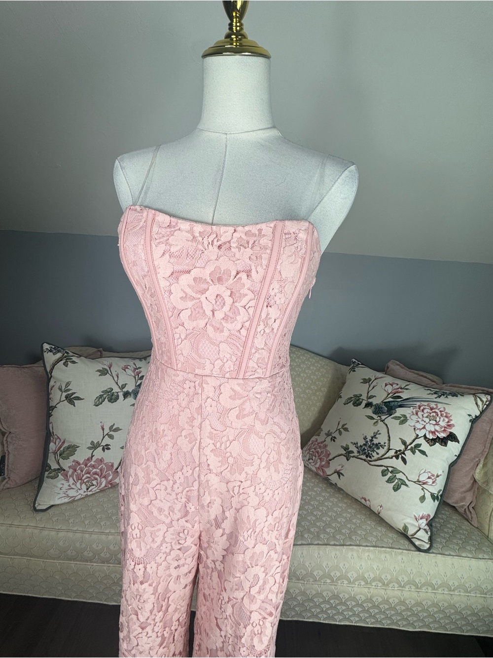 Blush Lace Corset Jumpsuit NWT Strapless Wide Leg Main Strip Size S - Picture 7 of 11